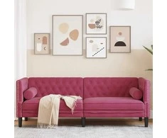 Trivietė chesterfield sofa su pagalvėlėmis, raudona, aksomas