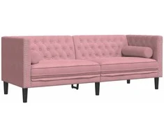 Trivietė chesterfield sofa su pagalvėlėmis, rožinė, aksomas