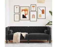 Trivietė chesterfield sofa su pagalvėlėmis, juoda, aksomas