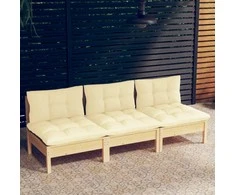 Trivietė sodo sofa su kreminėmis pagalvėlėmis, pušies masyvas