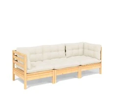 Trivietė sodo sofa su kreminėmis pagalvėlėmis, pušies masyvas