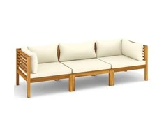 Trivietė sodo sofa su kreminėmis pagalvėlėmis, akacijos masyvas