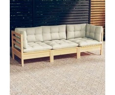 Trivietė sodo sofa su kreminėmis pagalvėlėmis, pušies masyvas