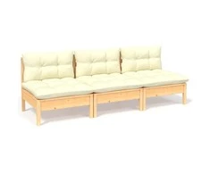Trivietė sodo sofa su kreminėmis pagalvėlėmis, pušies masyvas