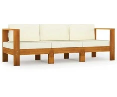 Trivietė sodo sofa su kreminėmis pagalvėmis, akacijos masyvas