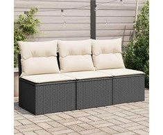 Trivietė sodo sofa su pagalvėlėmis, juodos spalvos, poliratanas