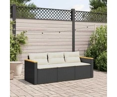 Trivietė sodo sofa su pagalvėlėmis, juodos spalvos, poliratanas