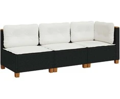 Trivietė sodo sofa su pagalvėlėmis, juodos spalvos, poliratanas