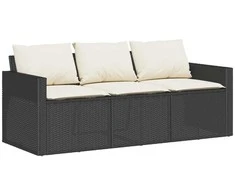 Trivietė sodo sofa su pagalvėlėmis, juodos spalvos, poliratanas