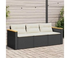 Trivietė sodo sofa su pagalvėlėmis, juodos spalvos, poliratanas
