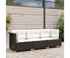 Trivietė sodo sofa su pagalvėlėmis, juodos spalvos, poliratanas