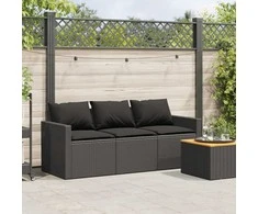 Trivietė sodo sofa su pagalvėlėmis, juodos spalvos, poliratanas