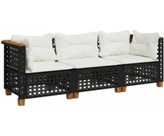 Trivietė sodo sofa su pagalvėlėmis, juodos spalvos, poliratanas