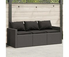Trivietė sodo sofa su pagalvėlėmis, juodos spalvos, poliratanas