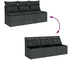 Trivietė sodo sofa su pagalvėlėmis, juodos spalvos, poliratanas