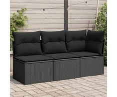 Trivietė sodo sofa su pagalvėlėmis, juodos spalvos, poliratanas