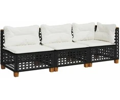 Trivietė sodo sofa su pagalvėlėmis, juodos spalvos, poliratanas
