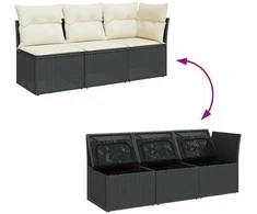 Trivietė sodo sofa su pagalvėlėmis, juodos spalvos, poliratanas