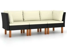 Trivietė sodo sofa su pagalvėlėmis, juodos spalvos, poliratanas