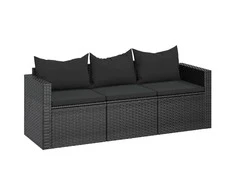 Trivietė sodo sofa su pagalvėlėmis, juodos spalvos, poliratanas