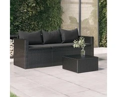 Trivietė sodo sofa su pagalvėlėmis, juodos spalvos, poliratanas