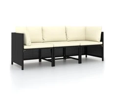 Trivietė sodo sofa su pagalvėlėmis, juodos spalvos, poliratanas