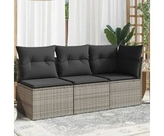 Trivietė sodo sofa su pagalvėlėmis, pilkos spalvos, poliratanas