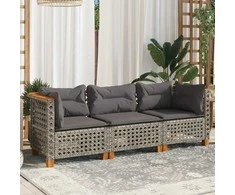 Trivietė sodo sofa su pagalvėlėmis, pilkos spalvos, poliratanas