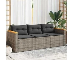 Trivietė sodo sofa su pagalvėlėmis, pilkos spalvos, poliratanas