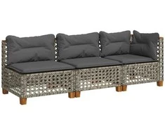 Trivietė sodo sofa su pagalvėlėmis, pilkos spalvos, poliratanas