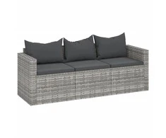 Trivietė sodo sofa su pagalvėlėmis, pilkos spalvos, poliratanas