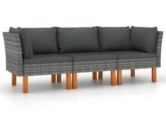 Trivietė sodo sofa su pagalvėlėmis, pilkos spalvos, poliratanas