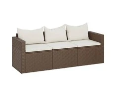 Trivietė sodo sofa su pagalvėlėmis, rudos spalvos, poliratanas