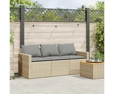 Trivietė sodo sofa su pagalvėlėmis, smėlio spalvos, poliratanas