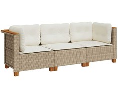 Trivietė sodo sofa su pagalvėlėmis, smėlio spalvos, poliratanas