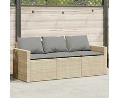 Trivietė sodo sofa su pagalvėlėmis, smėlio spalvos, poliratanas
