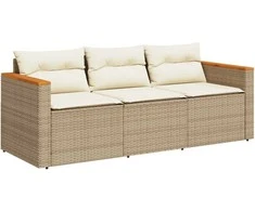 Trivietė sodo sofa su pagalvėlėmis, smėlio spalvos, poliratanas