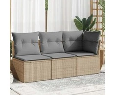Trivietė sodo sofa su pagalvėlėmis, smėlio spalvos, poliratanas