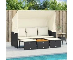 Trivietė sodo sofa su skliautu/taburetėmis, juoda, poliratanas