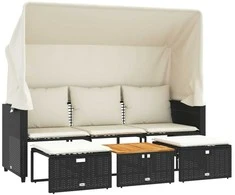Trivietė sodo sofa su skliautu/taburetėmis, juoda, poliratanas