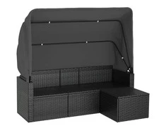 Trivietė sodo sofa su stogeliu ir pakoja, juoda, poliratanas