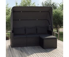 Trivietė sodo sofa su stogeliu ir pakoja, juoda, poliratanas