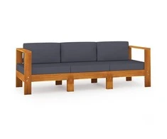 Trivietė sodo sofa su tamsiai pilkomis pagalvėmis, akacija