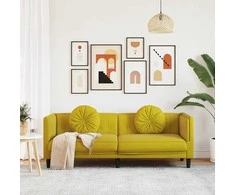 Trivietė sofa su pagalvėlėmis, geltonos spalvos, aksomas