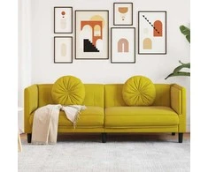 Trivietė sofa su pagalvėlėmis, geltonos spalvos, aksomas