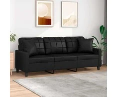Trivietė sofa su pagalvėlėmis, juoda, 180cm, dirbtinė oda
