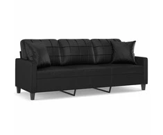 Trivietė sofa su pagalvėlėmis, juoda, 180cm, dirbtinė oda