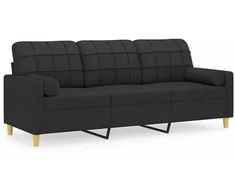 Trivietė sofa su pagalvėlėmis, juodos spalvos, 180cm, audinys