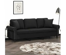 Trivietė sofa su pagalvėlėmis, juodos spalvos, 180cm, aksomas