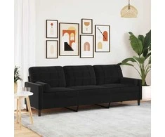 Trivietė sofa su pagalvėlėmis, juodos spalvos, 210cm, aksomas
